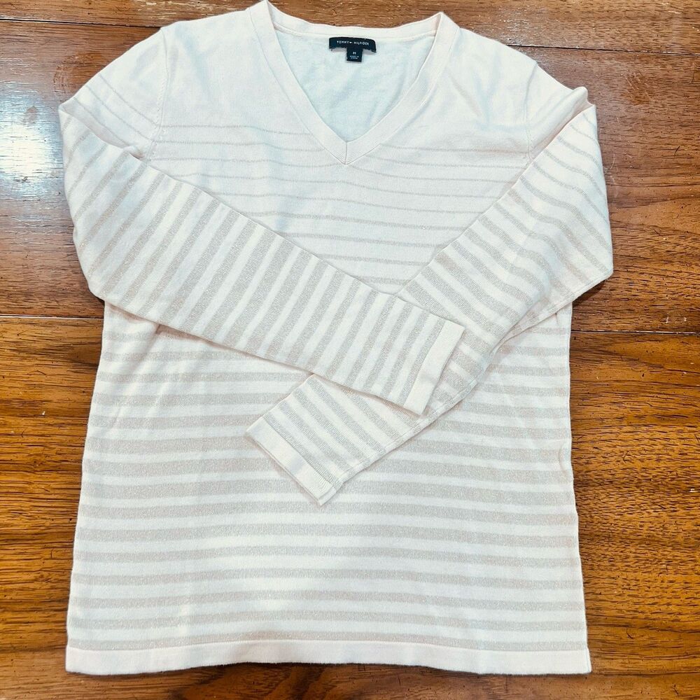 Tommy Hilfiger Women’s V-Neck Shimmer Sweater Medium Striped Cotton Blend Knit
